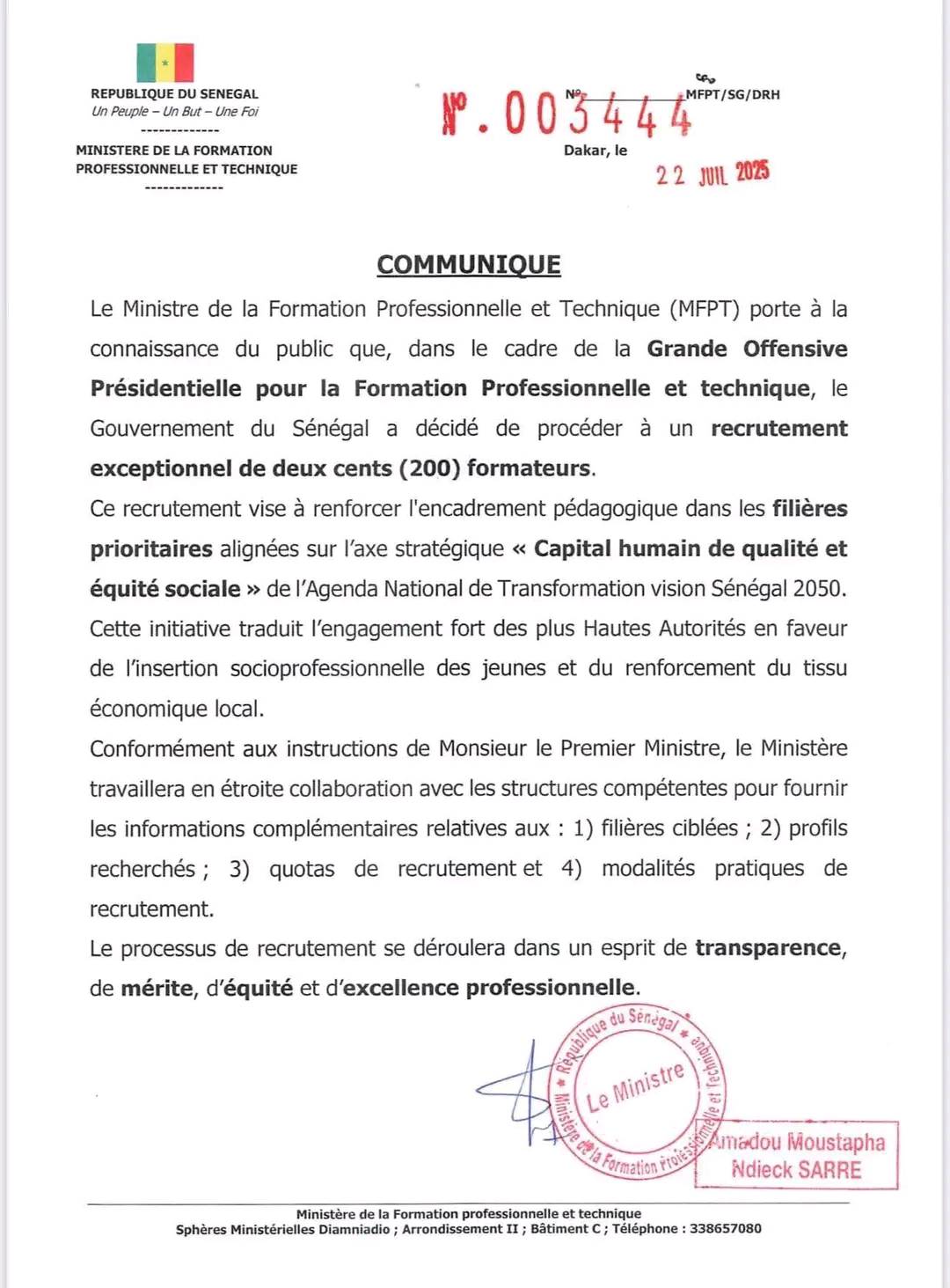 Le Ministère de la Formation Professionnelle recrute 200 formateurs
